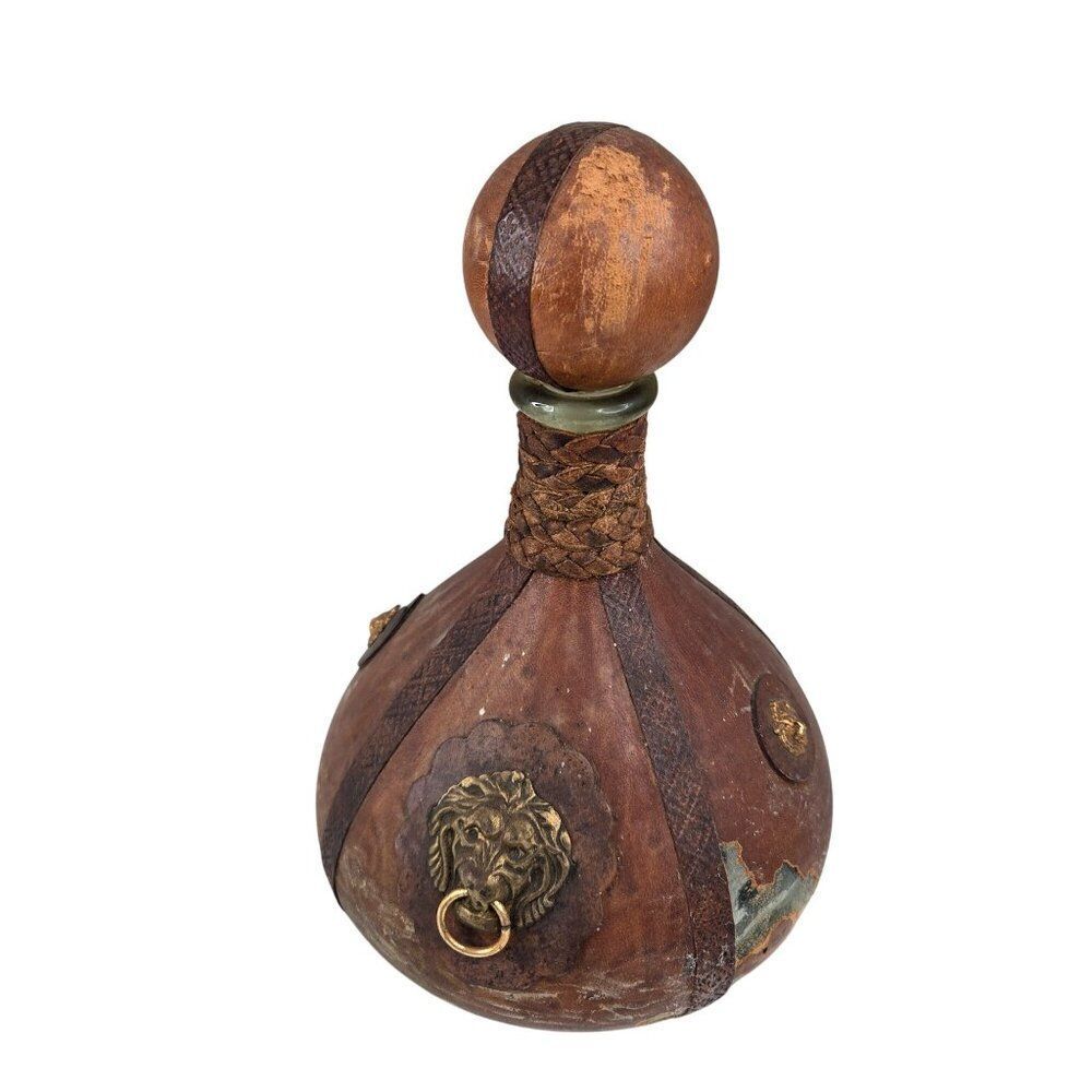 Vintage Mid Century Leather Wrapped Wine Flask Decanter Brass Lion Accents